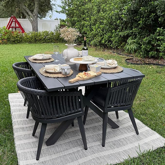 PURPLE LEAF 5 Pieces Outdoor Dining Set with Patio Aluminium Dining Table and Wicker Chairs Modern Furniture Cushions Sets for Backyard Indoor Decor Kitchen Gray