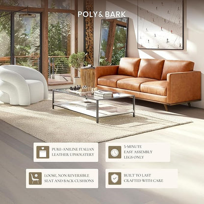Poly & Bark Nolita Leather Couch - 85-Inch Sofa - Full-Grain Leather Sofa for Living Room with Feather-Down Topper - Living Room Couch - Pure-Aniline Vintage Italian Leather in Cognac Tan