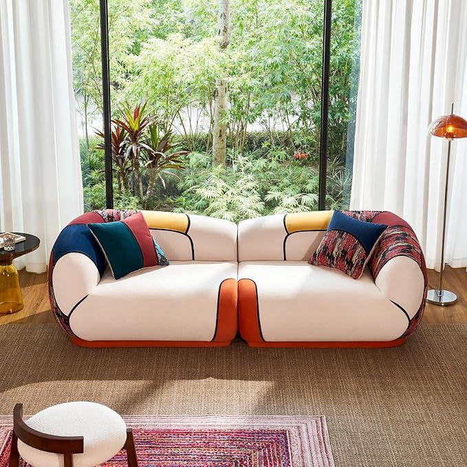 YINIX 102" Oversized Modern Curved Sofa, Minimalist 4-Seat Chenille Couch for Living Room Apartment, Boneless Sectional Floor Lounge Couches with Bohemian Style Pillows, No Assembly