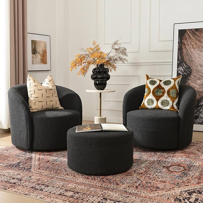 KINWELL 34" W Swivel Barrel Chair Set of 2, Mid Century Modern Round Upholstered Boucle Swivel Accent Chairs, No Assembly  Chair for Living Room Bedroom Reading, Black