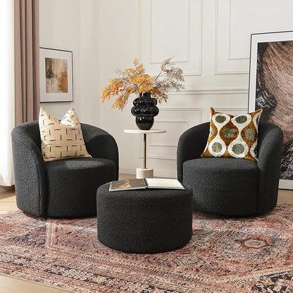 KINWELL 34" W Swivel Barrel Chair Set of 2, Mid Century Modern Round Upholstered Boucle Swivel Accent Chairs, No Assembly  Chair for Living Room Bedroom Reading, Black