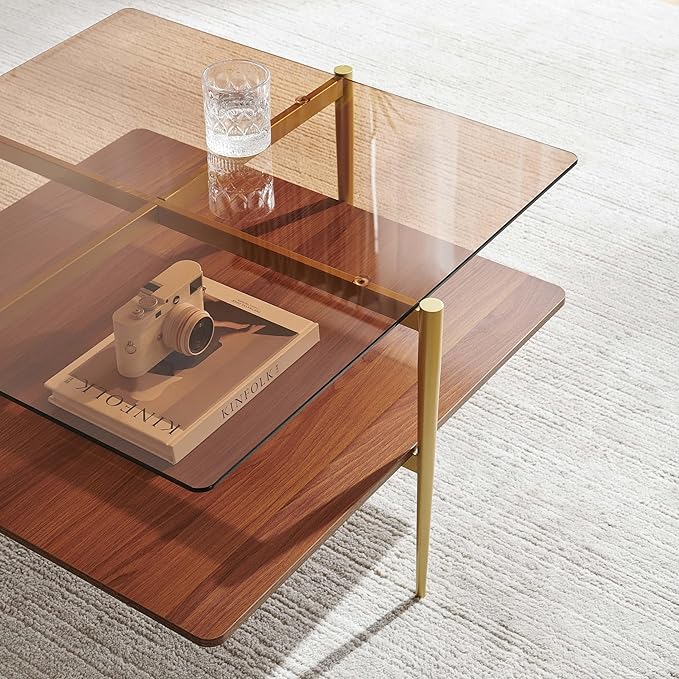 Square Coffee Table, Mid-Century Modern Design, L30 x W30 x H17 Inch, for Living Room, 2-Tier Structure, Amber Glass Top and Walnut Wood Shelf, Sleek Conical Metal Legs with Gold Finish