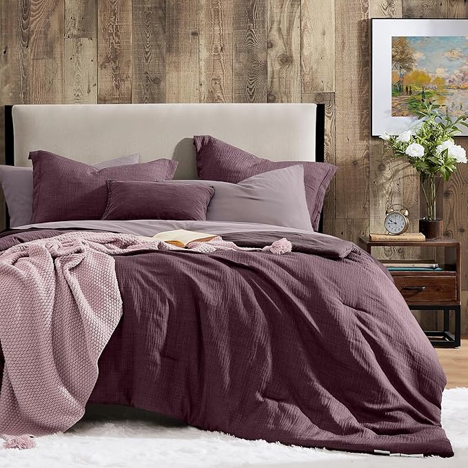 Geniospin Purple Queen Comforter Set - 7 Pieces Egglant Comforter Queen Size, Solid Bedding Set for All Season, Textured Bed in a Bag with Sheets
