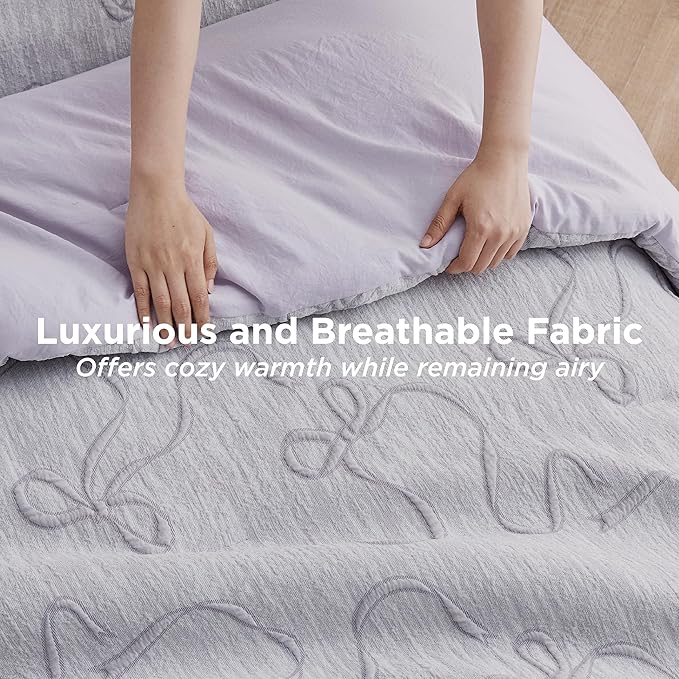 Bedsure King Size Comforter Set, Light Purple Boho Tufted Bed Set, 3D Puffy Jacquard Bedding King Size, 3 Pieces, 1 Farmhouse Shabby Chic Embroidery Comforter with Bow Pattern & 2 Pillow Cases