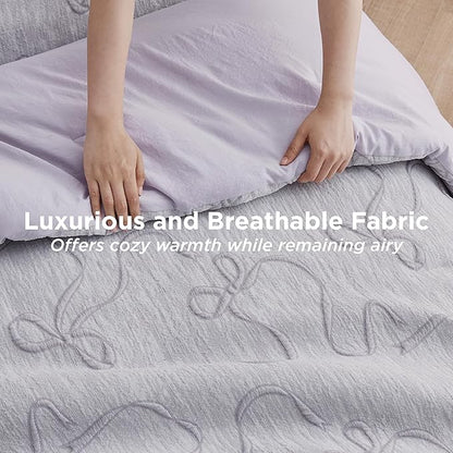 Bedsure King Size Comforter Set, Light Purple Boho Tufted Bed Set, 3D Puffy Jacquard Bedding King Size, 3 Pieces, 1 Farmhouse Shabby Chic Embroidery Comforter with Bow Pattern & 2 Pillow Cases