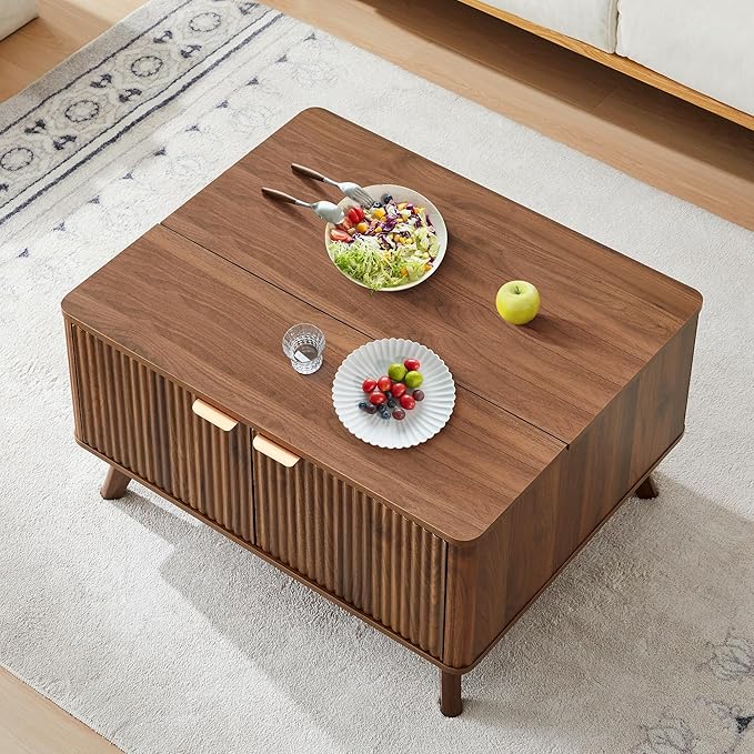 Fluted Lift Top Coffee Table with Large Hidden Compartment, 31.5” Wooden Center Table with Storage, Mid Century Modern Lift Tabletop Coffee Tables for Living Room Home Office, Walnut