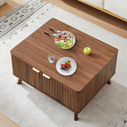 Fluted Lift Top Coffee Table with Large Hidden Compartment, 31.5” Wooden Center Table with Storage, Mid Century Modern Lift Tabletop Coffee Tables for Living Room Home Office, Walnut