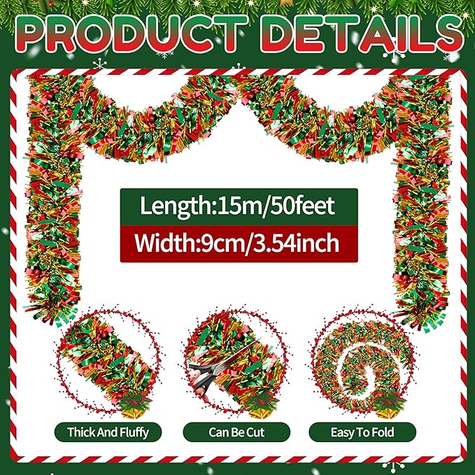 50 Ft Christmas Tinsel Garland Thick Tinsel Garland Xmas Tree Decorations Metallic Tinsel Twist Garland for Christmas, Birthday, Party Decor Indoor Outdoor Party Supplies