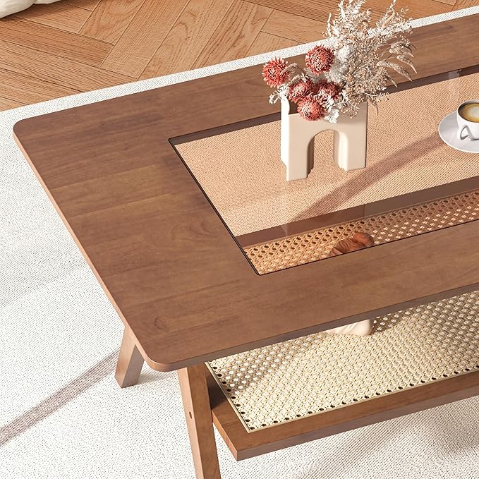 Mid Century Modern Coffee Table with Glass Top and Rattan Storage Shelf, Rectangular Walnut Wooden Coffee Table, Unique Center Tables for Living Room Apartment Home, 47.2 Inch