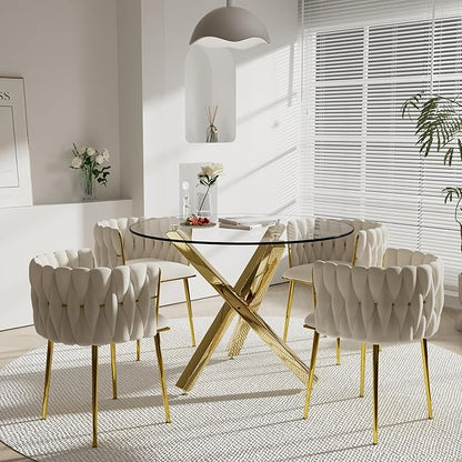 Gold Round Dining Table Set for 4, 39'' Clear Glass Top Dinner Table Set, 5 Piece Modern Luxury Circle Kitchen Table and Ivory Woven Chairs Set, Small Circular Dinette Set, for Apartment