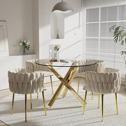 Gold Round Dining Table Set for 4, 39'' Clear Glass Top Dinner Table Set, 5 Piece Modern Luxury Circle Kitchen Table and Ivory Woven Chairs Set, Small Circular Dinette Set, for Apartment