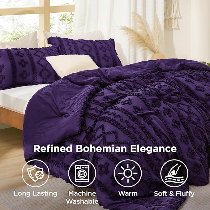 Bedsure Tufted Boho Comforter Set California King - Purple Boho Bed Set, GentleSoft™ 3 Pieces Farmhouse Shabby Chic Embroidery Bedding, Gifts for Woman, Soft Jacquard Comforter for All Seasons
