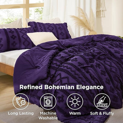 Bedsure Tufted Boho Comforter Set California King - Purple Boho Bed Set, GentleSoft™ 3 Pieces Farmhouse Shabby Chic Embroidery Bedding, Gifts for Woman, Soft Jacquard Comforter for All Seasons