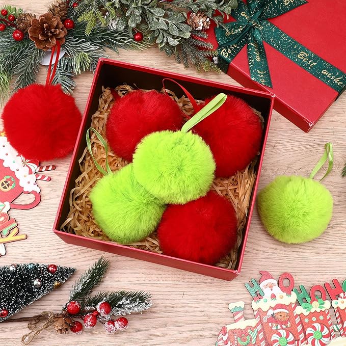 24 Pcs Red and Green Furry Christmas Ball Ornaments for Tree 3.94 Inches Large Pom Pom Ball Christmas Hanging Decoration for Party Supplies Fireplace Mantel Wall Decor