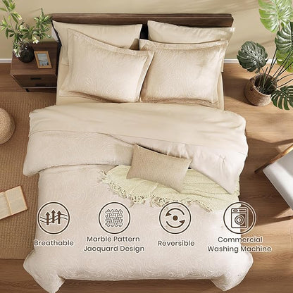 Monbix Queen Comforter Set - 7 Pieces Birch Marble Pattern Bed in a Bag Queen Bedding Sets with Comforter, Sheets, Pillowcases & Shams, Reversible Bedding Comforters Sets