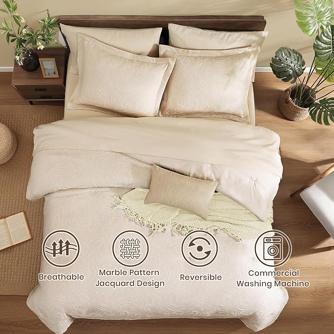 Monbix King Size Comforter Set, Birch Marble Pattern King Size Bed Set Reversible, King Bedding Set 7 Pieces, Bed in a Bag with Comforter, Sheets, Pillowcases & Shams