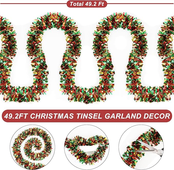 50 FT Christmas Tinsel Garland for Christmas Tree Decorations, Red Green Gold Metallic Twist Shiny Hanging Xmas Garlands for Stairs Mantle Fireplace Home Indoor Outdoor Holiday Party Suppliers Decor