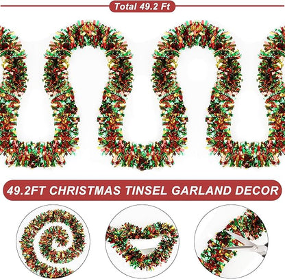 50 FT Christmas Tinsel Garland for Christmas Tree Decorations, Red Green Gold Metallic Twist Shiny Hanging Xmas Garlands for Stairs Mantle Fireplace Home Indoor Outdoor Holiday Party Suppliers Decor