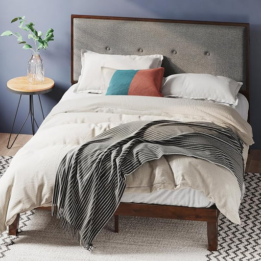 ZINUS Moiz Wood Platform Bed Frame with Adjustable Upholstered Headboard, Solid Wood Bed, Wood Slat Support, No Box Spring Needed, Easy Assembly, Queen