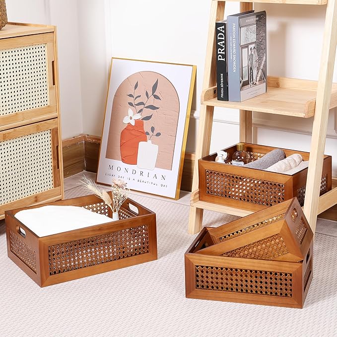 Wooden Storage Basket Set of 4 Handmade Rattan Drawer Storage Box with Frame & Handles Decorative Natural Bamboo Woven Bins Rustic Farmhouse Decor Home Office Tabletop Shelf Organizer