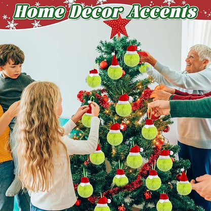 24 Pcs Lime Green Furry Christmas Balls Ornaments, 2.36 Inch Pom Pom Ball with Christmas Hat, Xmas Hanging Decorations for Tree Party Gifts Ornaments Wreath Home Decor