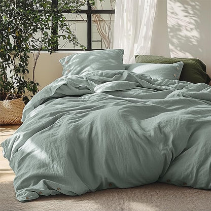 Bedsure Linen Duvet Cover Queen - Linen Cotton Blend Bedding Set, Soft & Cozy, 3 Pieces, 1 Duvet Cover 90x90 Inches and 2 Pillowcases, Sage Green Color Cooling Bedding, Comforter Sold Separately