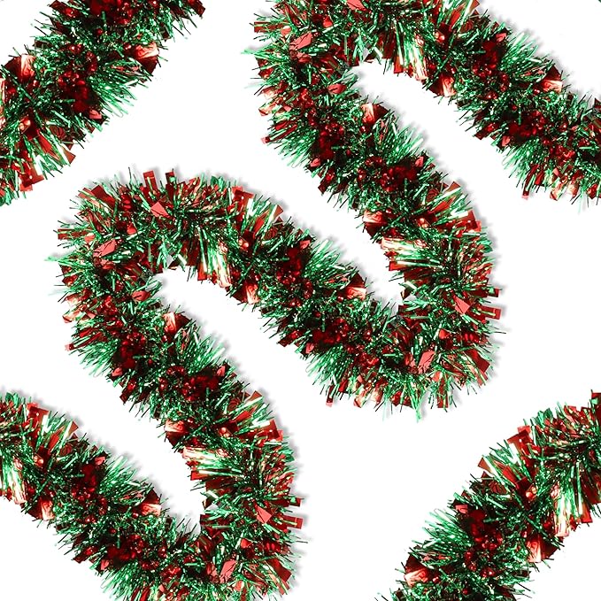 50 Feet Green Red Christmas Tinsel Garland Christmas Decorations for Xmas Tree Decor Metallic Twist Shiny Hanging Garlands for Tree Mantel Stairs Fireplace Home Indoor Outdoor Holiday Party Supplies