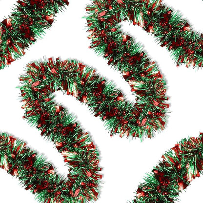 50 Feet Green Red Christmas Tinsel Garland Christmas Decorations for Xmas Tree Decor Metallic Twist Shiny Hanging Garlands for Tree Mantel Stairs Fireplace Home Indoor Outdoor Holiday Party Supplies