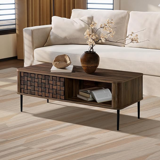LuxenHome Coffee Table with Storage, 47" Mid Century Modern Wood Coffee Tables for Living Room, Dark Oak with Basket Weave Design 1-Sliding Door Wooden Center Table with Open Shelf