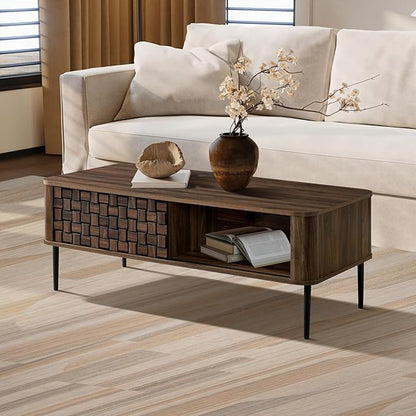 LuxenHome Coffee Table with Storage, 47" Mid Century Modern Wood Coffee Tables for Living Room, Dark Oak with Basket Weave Design 1-Sliding Door Wooden Center Table with Open Shelf