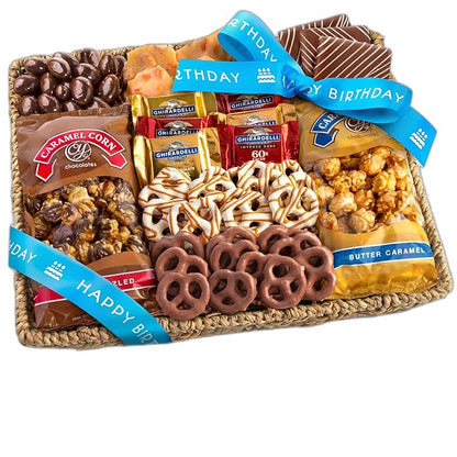 A Gift Inside Birthday Chocolate Caramel and Crunch Grand Gift Basket with Snacks, Pretzels, Ghirardelli and Chocolate-covered Nuts