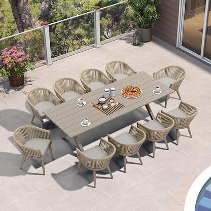 PURPLE LEAF 11 Pieces Outdoor Dining Set with Patio Aluminium Dining Table and Wicker Rattan Chairs Modern Furniture Cushions Sets for Backyard Indoor Decor Kitchen Champagne