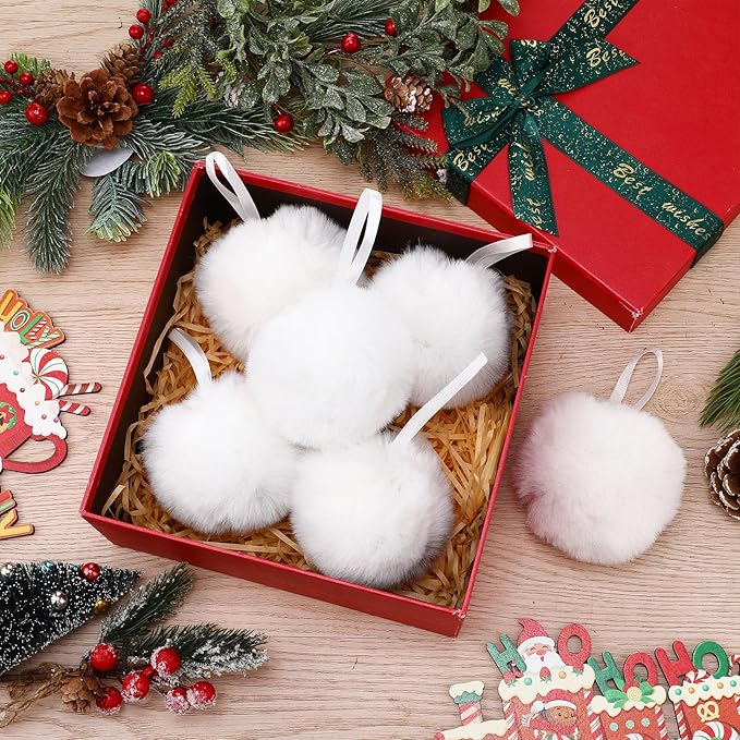 24 Pcs White Furry Christmas Ball Ornaments for Tree 3.94 Inches Large Pom Pom Ball Christmas Hanging Decoration for Party Supplies Fireplace Mantel Wall Decor