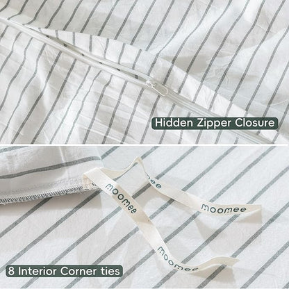 MooMee Striped Duvet Cover Set 100% Washed Cotton Linen Like Textured Breathable Durable Soft Comfy (White Heathered Green Wide Stripes, Palatial King/Oversized King 120"x98")