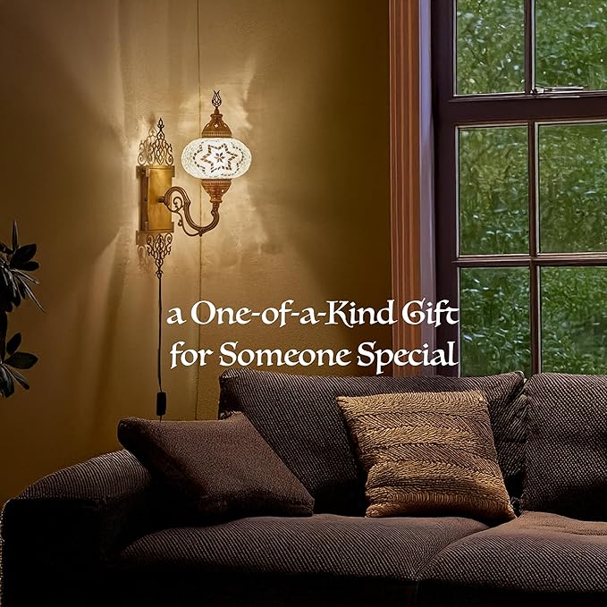 Turkish Moroccan Mosaic Plug-in Wall Sconce Lamp, Handmade Tiffany-Style Glass Globe, Ornate Brass Base, 5.2-ft Cord, Decorative Lighting for Living Room, Bedroom, Dining Room, 15x5 in, Multicolor1