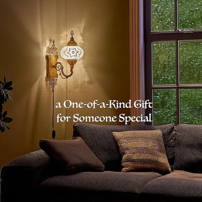 Turkish Moroccan Mosaic Plug-in Wall Sconce Lamp, Handmade Tiffany-Style Glass Globe, Ornate Brass Base, 5.2-ft Cord, Decorative Lighting for Living Room, Bedroom, Dining Room, 15x5 in, Brown & Amber