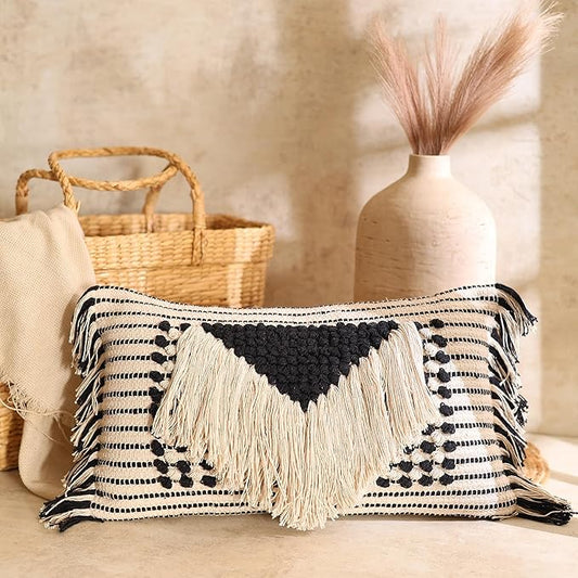Decorative Boho-Chic Pillow Cover Handwoven Tufted Cotton Accent Pillows, Neutral Throw Cushion for Couch or Bed, Farmhouse & Bohemian Home Decor, Trendy USA Design (Black Lumbar 12x20)