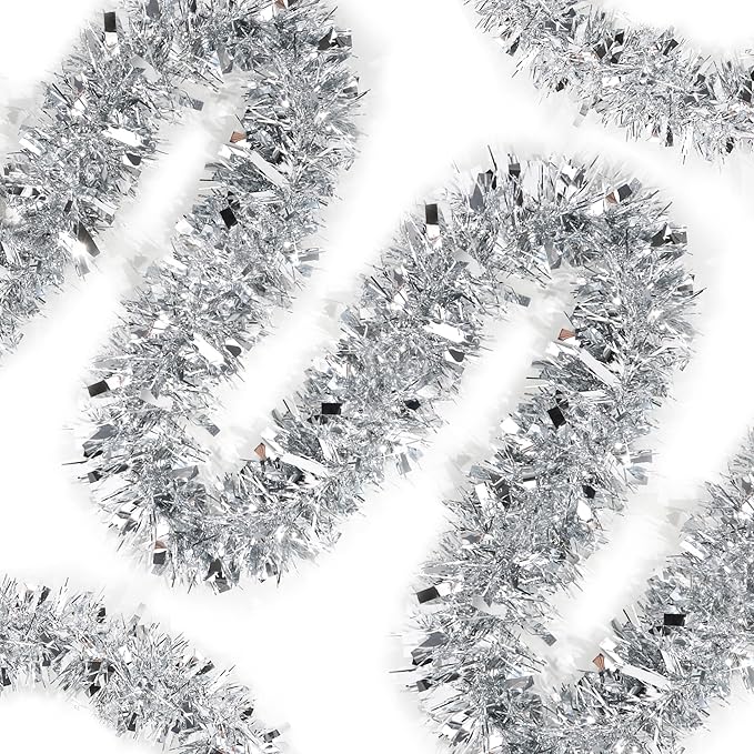 50 Feet Silver Christmas Tinsel Garland for Christmas Tree Decorations, Xmas Metallic Twist Shiny Hanging Garland Decor for Mantle Stairs Fireplace Home Holiday Indoor Outdoor