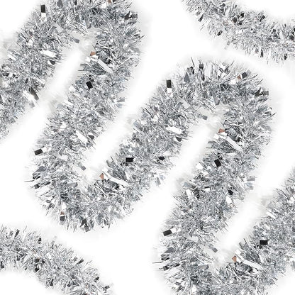 50 Feet Silver Christmas Tinsel Garland for Christmas Tree Decorations, Xmas Metallic Twist Shiny Hanging Garland Decor for Mantle Stairs Fireplace Home Holiday Indoor Outdoor