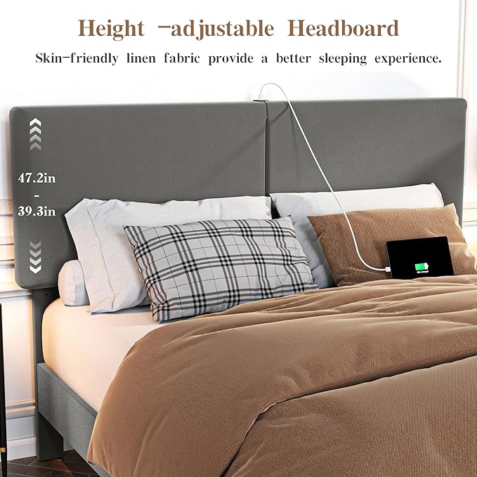 VECELO Twin Bed Frame with Type-C & USB Ports,Upholstered Platform Height-Adjustable Cotton and Linen Headboard,No Box Spring Needed, Noise-Free, Easy Assembly, Dark Grey