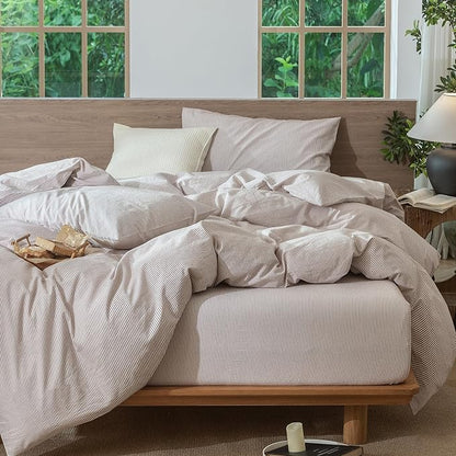 MooMee Striped Duvet Cover Set 100% Washed Cotton Linen Like Textured Breathable Durable Soft Comfy (Orange Pinstripes, Super Queen 90"x98")