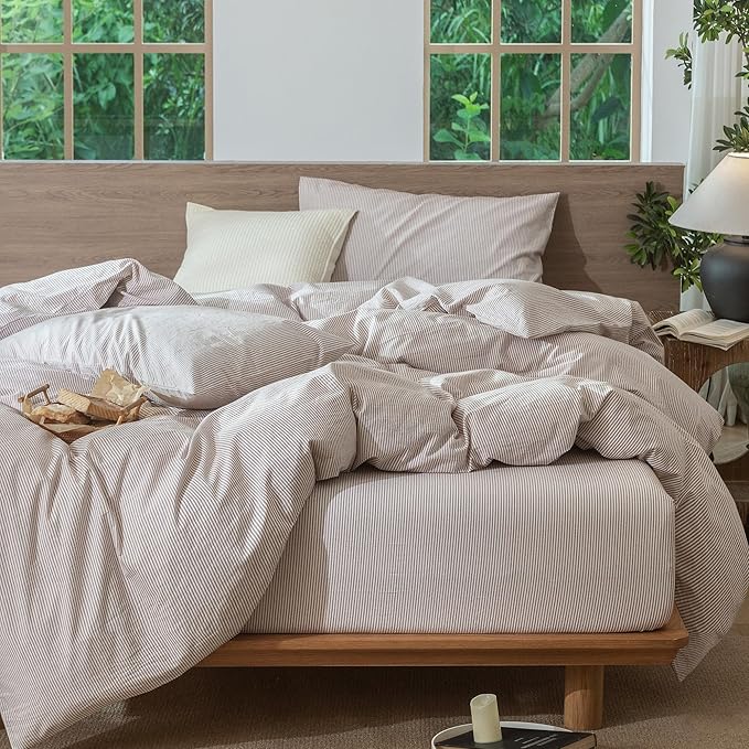 MooMee Striped Duvet Cover Set 100% Washed Cotton Linen Like Textured Breathable Durable Soft Comfy (Orange Pinstripes, Palatial King/Oversized King 120"x98")