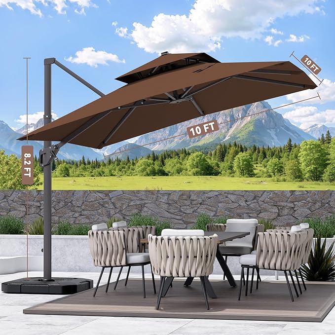 10' X 10' Cantilever Patio Umbrella Outdoor with Base Included Heavy Duty Double Top Windproof Square Offset Umbrellas with 360-degree Rotation for Pool Deck Backyard, Brown
