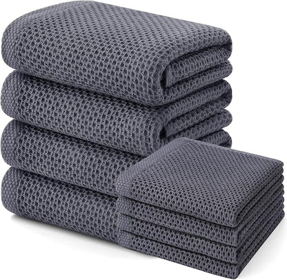 Homaxy 100% Cotton Kitchen Towels and Dishcloths Set, Large 12 x 12 Inches and 20 x 28 Inches, Set of 8 Bulk Kitchen Towels Set, Ultra Soft Absorbent Dish Cloths for Washing Dishes, Dark Grey