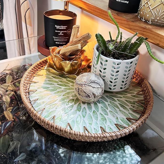 Round 12" Rattan Serving Tray with Mother of Pearl Inlay, Decorative Wicker Tray with Wooden Base for Bread, Fruit, Food Display and Storage (Leaf)