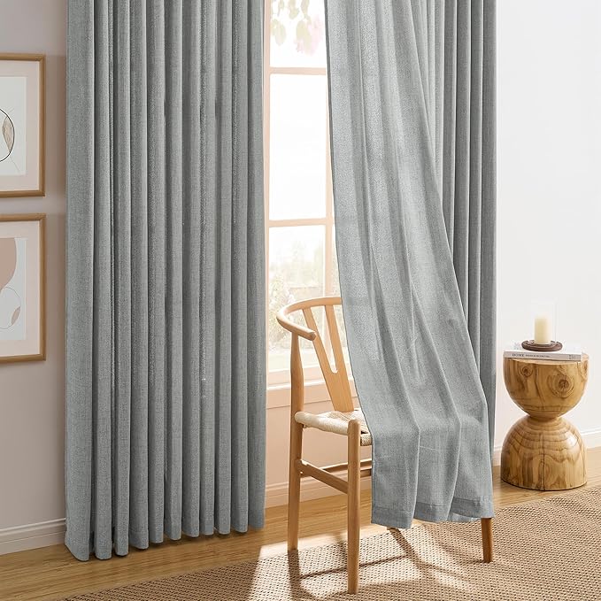 RAIN CITY Grey Linen Curtains 45 Inches Long Pinch Pleated with Hooks 2 Panels, Semi Sheer Textured Light Filtering Window Drapes for Bedroom Back Tab 42x45-in