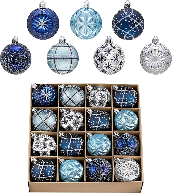 Valery Madelyn Ornaments for Christmas Trees, 16ct 2.36 Inches Navy Blue and Silver Shatterproof Christmas Tree Decorations, Luxury Hanging Ball Ornaments for Xmas Holiday Party Decor