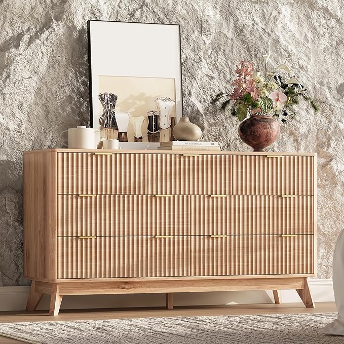 54'' Wide 7 Drawers Dressers for Bedroom, Modern Fluted Chest with Arc Corners, Large Wooden Dresser TV Stand, Wood Closet Clothes Storage Organizer for Living Room, Natural Wood