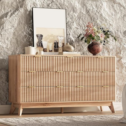 54'' Wide 7 Drawers Dressers for Bedroom, Modern Fluted Chest with Arc Corners, Large Wooden Dresser TV Stand, Wood Closet Clothes Storage Organizer for Living Room, Natural Wood