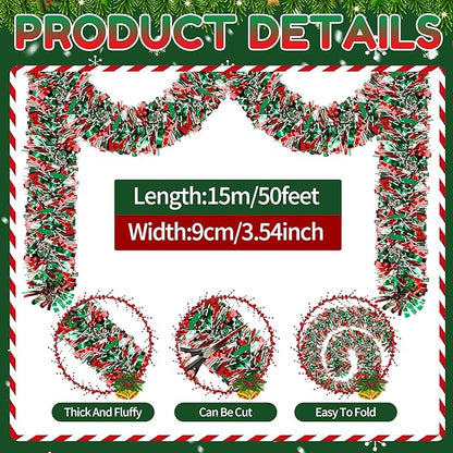 50 Ft Christmas Tinsel Garland Thick Tinsel Garland Xmas Tree Decorations Metallic Tinsel Twist Garland for Christmas, Birthday, Party Decor Indoor Outdoor Party Supplies